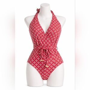 MICHAEL Michael Kors Red Halter Swimsuit with Graphic Trim
